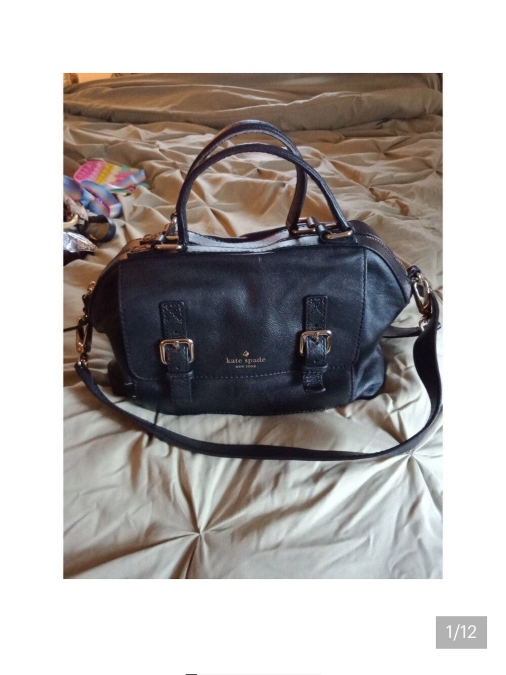 Kate Spade RN 0102760 Satchel Crossbody Bag Black Leather Gold Metal